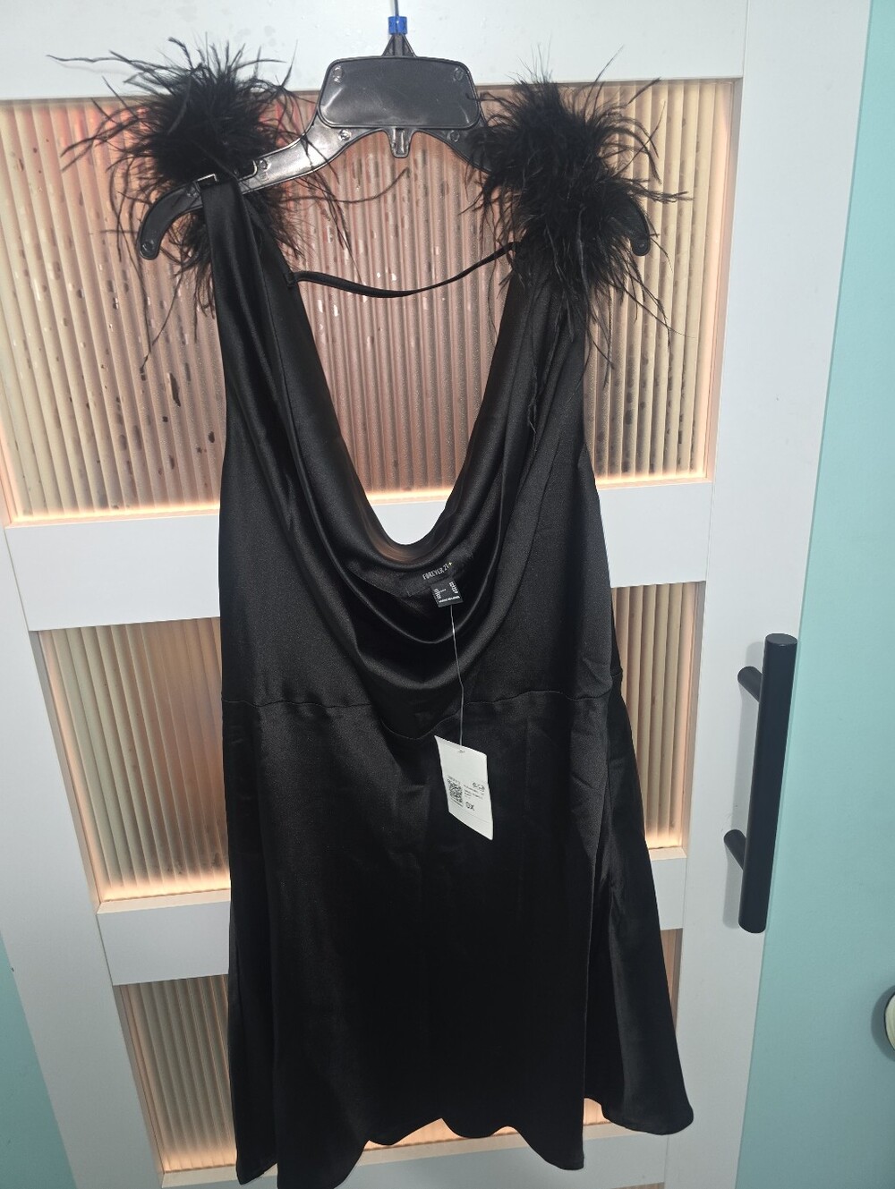 Forever 21 Black Satin Cowl Neck Mini with Feather Straps